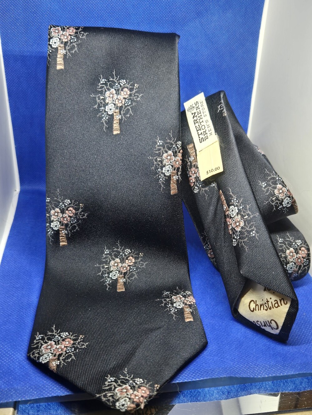 VTG Christian Dior Tie Stern Brothers Tag Black Brocade Embroidery Floral NWT